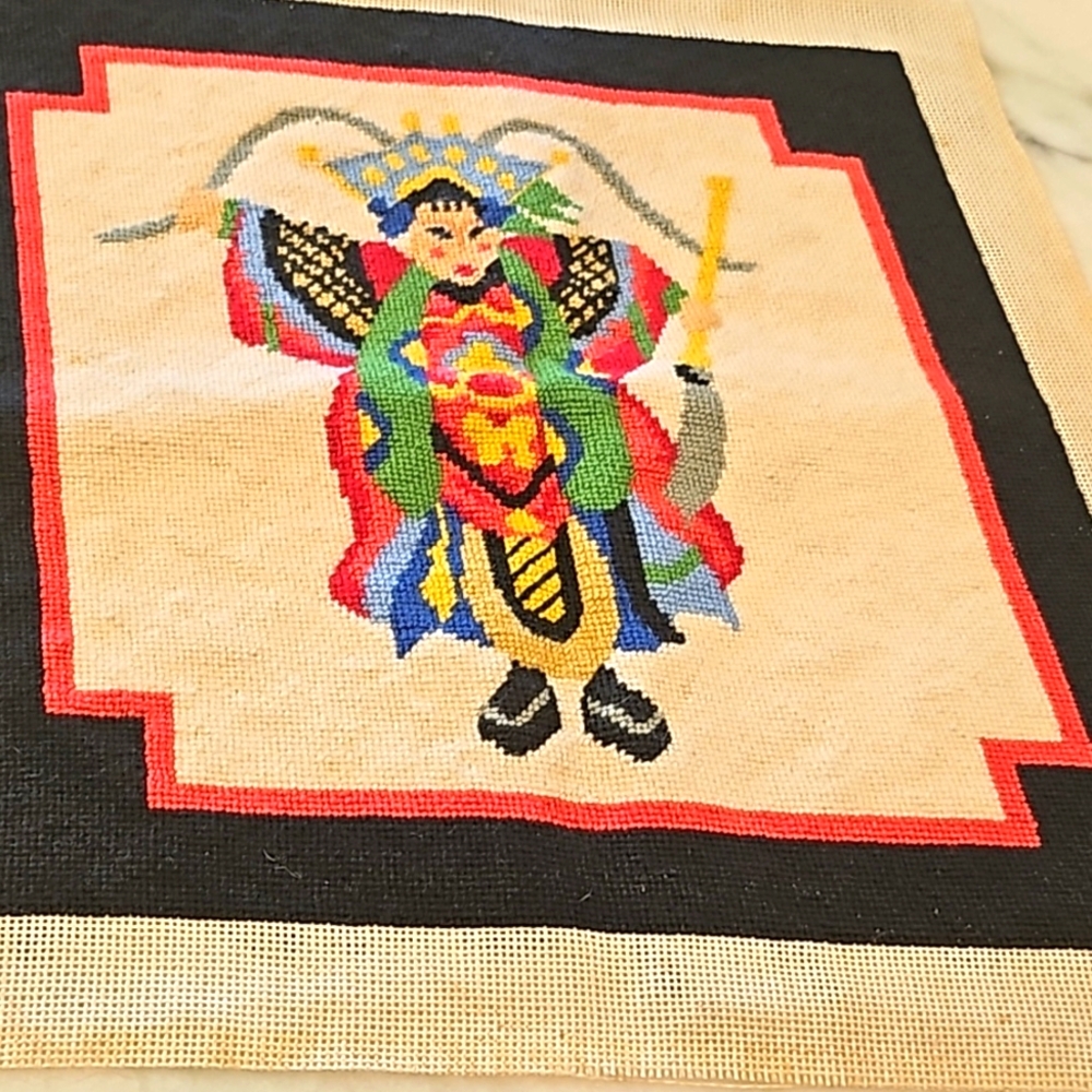 VINTAGE FINISHED NEEDLEPOINT TAPESTRY ASIAN WARRIOR